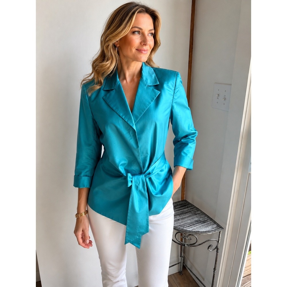 Jones of New York Signature Turquoise 100% Silk Tie Waist Jacket Blazer Size 12